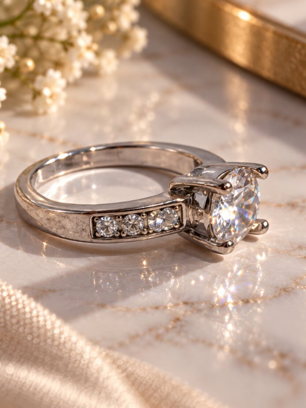 Classic Silver Tone Solitaire Ring with Channel Set Accents